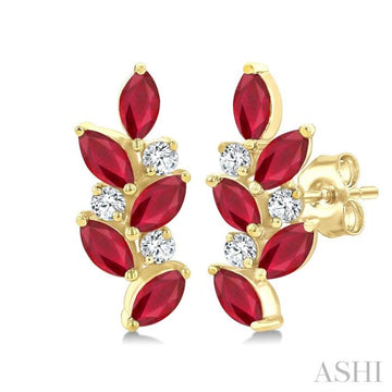 4X2 MM Marquise Shape Ruby and 1/6 Ctw Round Cut Diamond Zig-Zag Precious Earrings in 14K Yellow Gold